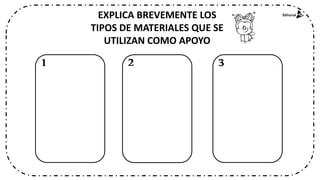 EXPLICA BREVEMENTE LOS
TIPOS DE MATERIALES QUE SE
UTILIZAN COMO APOYO
1 2 3
 