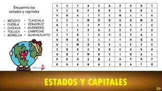 ESTADOS Y CAPITALES
E S T A C A X A O T
Y C D P B R E K O L
V O A I T S N L F A
E S I M O Q U O M X
R T L E P C X S I C
A I E X A E Z V P A
C T R I Z V C Y A L
R N O C J I T H Q A
U I M O R E L P E Z
Z O R E R R E U G H
A Q F W D S I N A L
K P U E B L A V R Y
G U A N A J U A T O
Encuentra los
estados y capitales
• MEXICO
• PUEBLA
• OAXACA
• TOLUCA
• MORELIA
• TLAXCALA
• VERACRUZ
• GUERRERO
• CAMPECHE
• GUANAJUATO
20
 