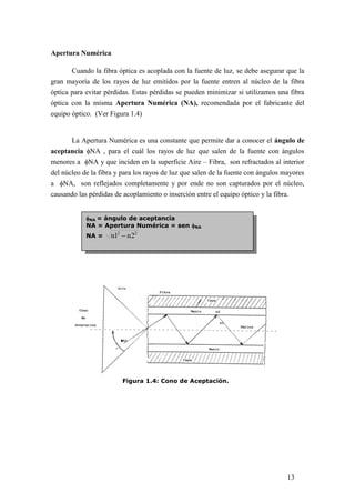 13
Apertura Numérica
Cuando la fibra óptica es acoplada con la fuente de luz, se debe asegurar que la
gran mayoría de los rayos de luz emitidos por la fuente entren al núcleo de la fibra
óptica para evitar pérdidas. Estas pérdidas se pueden minimizar si utilizamos una fibra
óptica con la misma Apertura Numérica (NA), recomendada por el fabricante del
equipo óptico. (Ver Figura 1.4)
La Apertura Numérica es una constante que permite dar a conocer el ángulo de
aceptancia NA , para el cuál los rayos de luz que salen de la fuente con ángulos
menores a NA y que inciden en la superficie Aire – Fibra, son refractados al interior
del núcleo de la fibra y para los rayos de luz que salen de la fuente con ángulos mayores
a NA, son reflejados completamente y por ende no son capturados por el núcleo,
causando las pérdidas de acoplamiento o inserción entre el equipo óptico y la fibra.
Figura 1.4: Cono de Aceptación.
NA = ángulo de aceptancia
NA = Apertura Numérica = sen NA
NA =
22
2n1n 
 