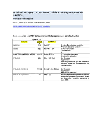 Actividad de apoyo a los temas utilidad-costo-ingreso-punto de
equilibrio
Video recomendado
COSTO, INGRESO, UTILIDAD, PUNTO DE EQUILIBRIO
https://www.youtube.com/watch?v=FwYTE5Bgq4Q
Leer conceptos en el PDF de la primera unidad proporcionado por el aula virtual
FORMULAS
FUNCION LETRA DE
IDENTIFICA
R
FORMULA
INGRESO I(x) I(x)=XP X=núm. De artículos vendidos
P=precio de venta unitario
COSTO C(x) C(x)=Cv + Cf Cv=costo variable
Cf=costo fijo
E
COSTO PROMEDIO o MEDIO Cm(x) Cm(x)=C(x) / x C(x)=función de costos
X= núm. De artículos
UTILIDAD U(x) U(x)= I(x)-C(x) I(x)=Ingreso
C(x)= costos
Son las ganancias que se obtendrán
después de ver las ventas menos los
costos totales.
UTILIDAD PROMEDIO Um(x) Um(x))= (I(x)-C(x))/x I(x)=Ingreso
C(x)= costos
X= núm. De artículos
PUNTO DE EQUILIBRIO PE I(x)= C(x) No existe perdida ni ganancia por eso
se igualan ingresos con costos de allí
se determina perdida, ganancia o
bien el PE
 