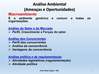 Análise Ambiental
(Ameaças e Oportunidades)
Macroambiente
É o ambiente genérico e comum a todas as
organizações.
Análise do Setor e do Mercado
 Perfil, Crescimento e Forças do setor
Análise dos Concorrentes
 Perfil dos concorrentes
 Análise da concorrência
 Vantagens da concorrência
Análise política e de regulamentação
 Atividades legislativas (regulamentação)
 Atividade política
Prof. Paulo Argolo - Me. 25
 