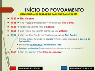 INÍCIO DO POVOAMENTO
 1532  São Vicente;
 1535  Vila Nossa Senhora da Vitória (atual Vila Velha);
 1545  Todos-os-Santos (atual Santos);
 1551  Vila Nova do Espírito Santo (atual Vitória);
 1554  Vila de São Paulo de Piratininga (atual São Paulo).
 Primeira cidade fundada no planalto (interior), após ultrapassar a barreira da
Serra do Mar;
 Localizada ENTRE OS RIOS Tamanduateí e Tietê;
 Fundada por jesuítas (Padres Manuel da Nóbrega e José de Anchieta).
 1565  São Sebastião (atual Rio de Janeiro);
CRONOLOGIA DA FUNDAÇÃO DAS PRINCIPAIS CIDADES
FUNDADAS NO LITORAL FUNDADA NO PLANALTO
 