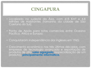 CINGAPURA
• Localizado no sudeste da Ásia, com 618 Km² e 4,8
Milhões de Habitantes (tamanho da cidade de São
Caetano do Sul);
• Ponto de Apoio para rotas comerciais entre Oceano
Pacífico, África e Europa;
• Conquistaram independência dos ingleses em 1965;
• Crescimento econômico nas três últimas décadas, com
empresas de tecnologia avançada e exportação de
produtos de alto valor agregado (especialização de um
produto), principalmente informática.
 