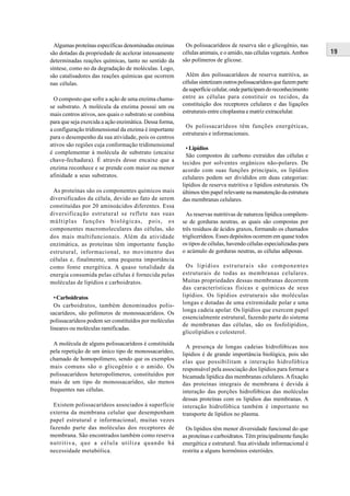 Algumas proteínas específicas denominadas enzimas       Os polissacarídeos de reserva são o glicogênio, nas
são dotadas da propriedade de acelerar intensamente      células animais, e o amido, nas células vegetais. Ambos     19
determinadas reações químicas, tanto no sentido da       são polímeros de glicose.
síntese, como no da degradação de moléculas. Logo,
são catalisadores das reações químicas que ocorrem        Além dos polissacarídeos de reserva nutritiva, as
nas células.                                             células sintetizam outros polissacarídeos que fazem parte
                                                         da superfície celular, onde participam do reconhecimento
  O composto que sofre a ação de uma enzima chama-       entre as células para constituir os tecidos, da
se substrato. A molécula da enzima possui um ou          constituição dos receptores celulares e das ligações
mais centros ativos, aos quais o substrato se combina    estruturais entre citoplasma e matriz extracelular.
para que seja exercida a ação enzimática. Dessa forma,
                                                          Os polissacarídeos têm funções energéticas,
a configuração tridimensional da enzima é importante
                                                         estruturais e informacionais.
para o desempenho da sua atividade, pois os centros
ativos são regiões cuja conformação tridimensional
                                                           • Lipídios
é complementar à molécula de substrato (encaixe
                                                           São compostos de carbono extraídos das células e
chave-fechadura). É através desse encaixe que a          tecidos por solventes orgânicos não-polares. De
enzima reconhece e se prende com maior ou menor          acordo com suas funções principais, os lipídios
afinidade a seus substratos.                             celulares podem ser divididos em duas categorias:
                                                         lipídios de reserva nutritiva e lipídios estruturais. Os
 As proteínas são os componentes químicos mais           últimos têm papel relevante na manutenção da estrutura
diversificados da célula, devido ao fato de serem        das membranas celulares.
constituídas por 20 aminoácidos diferentes. Essa
diversificação estrutural se reflete nas suas              As reservas nutritivas de natureza lipídica compõem-
múltiplas funções biológicas, pois, os                   se de gorduras neutras, as quais são compostas por
componentes macromoleculares das células, são            três resíduos de ácidos graxos, formando os chamados
dos mais multifuncionais. Além da atividade              triglicerídeos. Esses depósitos ocorrem em quase todos
enzimática, as proteínas têm importante função           os tipos de células, havendo células especializadas para
estrutural, informacional, no movimento das              o acúmulo de gorduras neutras, as células adiposas.
células e, finalmente, uma pequena importância
como fonte energética. A quase totalidade da               Os lipídios estruturais são componentes
energia consumida pelas células é fornecida pelas        estruturais de todas as membranas celulares.
moléculas de lipídios e carboidratos.                    Muitas propriedades dessas membranas decorrem
                                                         das características físicas e químicas de seus
  • Carboidratos                                         lipídios. Os lipídios estruturais são moléculas
  Os carboidratos, também denominados polis-             longas e dotadas de uma extremidade polar e uma
                                                         longa cadeia apolar. Os lipídios que exercem papel
sacarídeos, são polímeros de monossacarídeos. Os
                                                         essencialmente estrutural, fazendo parte do sistema
polissacarídeos podem ser constituídos por moléculas
                                                         de membranas das células, são os fosfolipídios,
lineares ou moléculas ramificadas.
                                                         glicolipídios e colesterol.
  A molécula de alguns polissacarídeos é constituída
                                                           A presença de longas cadeias hidrofóbicas nos
pela repetição de um único tipo de monossacarídeo,
                                                         lipídios é de grande importância biológica, pois são
chamado de homopolímero, sendo que os exemplos           elas que possibilitam a interação hidrofóbica
mais comuns são o glicogênio e o amido. Os               responsável pela associação dos lipídios para formar a
polissacarídeos heteropolímeros, constituídos por        bicamada lipídica das membranas celulares. A fixação
mais de um tipo de monossacarídeo, são menos             das proteínas integrais de membrana é devida à
frequentes nas células.                                  interação das porções hidrofóbicas das moléculas
                                                         dessas proteínas com os lipídios das membranas. A
 Existem polissacarídeos associados à superfície         interação hidrofóbica também é importante no
externa da membrana celular que desempenham              transporte de lipídios no plasma.
papel estrutural e informacional, muitas vezes
fazendo parte das moléculas dos receptores de             Os lipídios têm menor diversidade funcional do que
membrana. São encontrados também como reserva            as proteínas e carboidratos. Têm principalmente função
nutritiva, que a célula utiliza quando há                energética e estrutural. Sua atividade informacional é
necessidade metabólica.                                  restrita a alguns hormônios esteróides.
 