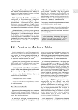 As proteínas periféricas podem ser extraídas facilmente,        O glicocálice ajuda a proteger a superfície celular contra
pelo emprego de soluções salinas. Essas proteínas se           lesões químicas e mecânicas. Como os açúcares no               25
prendem às superfícies interna e/ou externa da membrana        glicocálice adsorvem água, eles conferem à célula uma
celular através de vários mecanismos.                          superfície lisa, isso auxilia células móveis, tais como os
                                                               leucócitos a abrir caminho através de espaços estreitos.
 Além da presença de lipídios e proteínas, são                 Também impede que as células sanguíneas grudem umas
encontrados, na membrana celular, carboidratos                 às outras ou à parede dos vasos sanguíneos.
associados às proteínas e aos lipídios. São as
glicoproteínas e glicolipídios que, por exemplo,                O glicocálice também desempenha importante papel
determinam os grupos sanguíneos. A região rica em              no reconhecimento e na adesão celular.
carboidratos ligados a proteínas ou a lipídios da superfície
externa da membrana plasmática é denominada glicocálice.         Outra característica que deve ser lembrada é a forte
                                                               assimetria entre as duas faces da membrana plasmática,
  Em sua maior parte, o glicocálice é uma extensão da          relacionada com a diferente composição de lipídios,
própria membrana e não uma camada separada, sendo              proteínas e glicídios.
constituído por: 1) porções glicídicas das moléculas
de glicolipídios da membrana plasmática, que fazem
saliência na superfície da membrana; 2) glicoproteínas             Esses constituintes moleculares associam-se
integrais da membrana ou adsorvidas após a secreção;              segundo suas propriedades químicas e definem
3) proteoglicanas secretadas e adsorvidas pela                    padrões funcionais para a membrana celular.
superfície celular.



2.2 – Funções da Membrana Celular

  A membrana plasmática ou celular separa o meio               promovem uma resposta imunitária quando penetram num
intracelular do extracelular e é a principal responsável       organismo estranho. Por exemplo, o transplante de
pelo controle da entrada e saída de substâncias da             tecidos de um animal para outro estimula o animal receptor
célula. Dessa forma, a membrana plasmática participa           a produzir células e anticorpos que atacam as proteínas
de numerosas funções celulares, tais como:                     da membrana plasmática das células transplantadas.

  - manutenção da constância do meio intracelular, que           Em humanos e em outros mamíferos, o mecanismo para
é diferente do meio extracelular, ou seja, a membrana          distinguir o que é próprio do organismo (self) daquilo
plasmática controla o que entra ou sai da célula;              que é estranho (non-self) está na dependência de um
                                                               grupo de moléculas glicoprotéicas da membrana, que
 - tem a capacidade de reconhecer outras células e             fazem saliência na superfície externa e são chamadas de
diversos tipos de moléculas, por exemplo, os hormônios,        complexo principal de histocompatibilidade ou MHC. Há
graças à presença de receptores de membrana;                   duas classes de MHC, denominadas MHC I e MHC II.
                                                               Todas as células do organismo, exceto as células do
 - adesão entre células vizinhas, através de                   sistema imunitário, contêm na superfície MHC I. As células
especializações de membrana;                                   do sistema imunitário, responsáveis pela resposta imune,
                                                               apresentam o complexo MHC II em suas superfícies.
 - comunicação entre células vizinhas;
                                                                Os dois tipos de MHC são glicoproteínas cujas
 - divide a célula em diversos compartimentos (sistema         moléculas têm uma parte constante e uma parte
de endomembranas).                                             variável. A porção variável difere muito, na
                                                               sequência de aminoácidos, de pessoa para pessoa,
                                                               de tal maneira que não existe a possibilidade de
Reconhecimento Celular                                         mais de uma pessoa apresentar MHC idênticos. A
                                                               única exceção é o caso dos gêmeos univitelinos,
 Numerosas evidências demonstram que a superfície              por serem provenientes do mesmo óvulo e do
celular é dotada de especificidade que permite às              mesmo espermatozóide, possuem células
células se reconhecerem mutuamente e estabelecerem             geneticamente iguais e, nesses gêmeos, as
certos tipos de relacionamentos.                               proteínas celulares são idênticas.

 As proteínas da membrana, como acontece com as                 Assim, para minimizar a resposta imunitária, que é a
macromoléculas em geral, são imunogênicas, isto é,             causa da rejeição dos transplantes, procuram-se
 