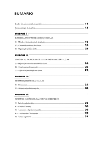 SUMÁRIO


Quadro-síntese do conteúdo programático........................................................................................................                       11
Contextualização da disciplina.............................................................................................................................. 13


UNIDADE I

INTRODUÇÃO AO ESTUDO DA BIOLOGIA CELULAR

1.1– Métodos e técnicas de estudo das células....................................................................................................                15
1.2 – Composição molecular das células ............................................................................................................ 16

1.3 – Organização geral das células............................................................................................................................. 21


U NIDADE II

ASPECTOS DA MORFOFUNCIONALIDADE DA MEMBRANA CELULAR

2.1– Organização estrutural da membrana celular..............................................................................................          24
2.2 – Funções da membrana celular .................................................................................................................... 25

2.3 – Especializações da superfície celular........................................................................................................... 29


U NIDADE III

SISTEMA ESQUELÉTICO DAS CÉLULAS

                                                                                                                                                       32
3.1– Citoesqueleto.................................................................................................................................................

3.2 – Biologia molecular do músculo................................................................................................................... 33


UNIDADE IV

SISTEMA DE ENDOMEMBRANAS E SÍNTESE DE PROTEÍNAS

4.1– Retículo endoplasmático............................................................................................................................... 35

4.2 – Complexo de Golgi ....................................................................................................................................... 36

4.3 – Lisossomos e digestão intracelular ...........................................................................................................            36
4. 4 – Peroxissomos - Glioxissomos...................................................................................................................... 37

4.5 – Síntese de proteínas .................................................................................................................................... 37
 