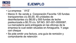 EJEMPLO
• La empresa ¨ XYZ¨
• Marzo 5: Se vende a Corporación Favorita 120 fundas
transparentes c/u $5,00, 40 unidades de
desinfectantes c/u $6,00 y 500 fundas de leche
pasteurizada a $0,70 c/u. S/f NO. 001-001-0000087.
La mercadería será entregada en las oficinas de la
empresa la cual están situadas en Amaguaña. Y paga
con cheque
• Se pide emitir una factura, una guía de remisión y
comprobante de retención
 