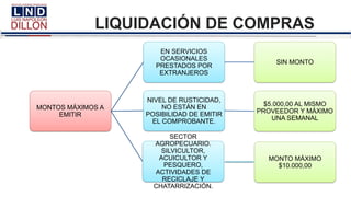 LIQUIDACIÓN DE COMPRAS
MONTOS MÁXIMOS A
EMITIR
EN SERVICIOS
OCASIONALES
PRESTADOS POR
EXTRANJEROS
SIN MONTO
NIVEL DE RUSTICIDAD,
NO ESTÁN EN
POSIBILIDAD DE EMITIR
EL COMPROBANTE.
$5.000,00 AL MISMO
PROVEEDOR Y MÁXIMO
UNA SEMANAL
SECTOR
AGROPECUARIO.
SILVICULTOR,
ACUICULTOR Y
PESQUERO,
ACTIVIDADES DE
RECICLAJE Y
CHATARRIZACIÓN.
MONTO MÁXIMO
$10.000,00
 