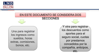 EN ESTE DOCUMENTO SE CONSIDERA DOS
SECCIONES
Una para registrar
los ingresos como
sueldos, horas
extras, comisiones,
bonos, etc.
Y otra para registrar
los descuentos como
aportes para el
seguro social, cuotas
por prestamos
concedidos por la
compañía, anticipos,
etc.
 