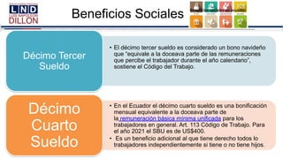 Beneficios Sociales
• El décimo tercer sueldo es considerado un bono navideño
que “equivale a la doceava parte de las remuneraciones
que percibe el trabajador durante el año calendario”,
sostiene el Código del Trabajo.
Décimo Tercer
Sueldo
• En el Ecuador el décimo cuarto sueldo es una bonificación
mensual equivalente a la doceava parte de
la remuneración básica mínima unificada para los
trabajadores en general. Art. 113 Código de Trabajo. Para
el año 2021 el SBU es de US$400.
• Es un beneficio adicional al que tiene derecho todos lo
trabajadores independientemente si tiene o no tiene hijos.
Décimo
Cuarto
Sueldo
 