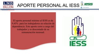 APORTE PERSONAL AL IESS
El aporte personal mínimo al IESS es de
9,45% para los trabajadores en relación de
dependencia. Este aporte corre a cargo del
trabajador y es descontado de su
remuneración mensual.
 