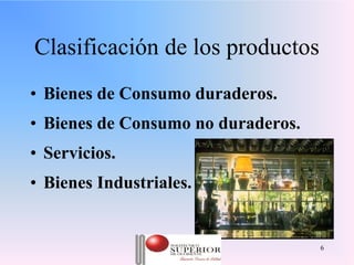 Clasificación de los productos
• Bienes de Consumo duraderos.
• Bienes de Consumo no duraderos.
• Servicios.
• Bienes Industriales.


               Julio C Mesa, Dirección de   6
                       Marketing
 