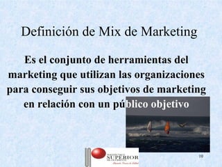 Definición de Mix de Marketing

   Es el conjunto de herramientas del
marketing que utilizan las organizaciones
para conseguir sus objetivos de marketing
   en relación con un público objetivo



                Julio C Mesa, Dirección de   10
                        Marketing
 