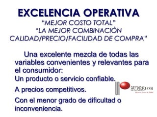 EXCELENCIA OPERATIVA
        “MEJOR COSTO TOTAL”
      “LA MEJOR COMBINACIÓN
CALIDAD/PRECIO/FACILIDAD DE COMPRA”

    Una excelente mezcla de todas las
 variables convenientes y relevantes para
 el consumidor:
 Un producto o servicio confiable.
 A precios competitivos.
 Con el menor grado de dificultad o
 inconveniencia.
 