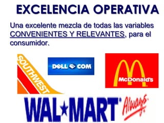 EXCELENCIA OPERATIVA
Una excelente mezcla de todas las variables
CONVENIENTES Y RELEVANTES, para el
                   RELEVANTES,
consumidor.
 