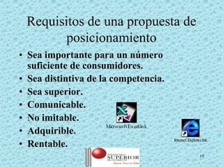 Requisitos de una propuesta de
         posicionamiento
• Sea importante para un número
  suficiente de consumidores.
• Sea distintiva de la competencia.
• Sea superior.
• Comunicable.
• No imitable.
                      Micro so ft Ex cel.ln k
• Adquirible.
                                                  Internet Explorer.lnk
• Rentable.
                     Julio C Mesa, Dirección de                   19
                             Marketing
 
