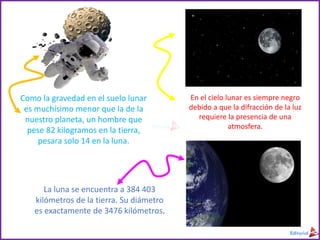 Como la gravedad en el suelo lunar
es muchísimo menor que la de la
nuestro planeta, un hombre que
pese 82 kilogramos en la tierra,
pesara solo 14 en la luna.
En el cielo lunar es siempre negro
debido a que la difracción de la luz
requiere la presencia de una
atmosfera.
La luna se encuentra a 384 403
kilómetros de la tierra. Su diámetro
es exactamente de 3476 kilómetros.
 
