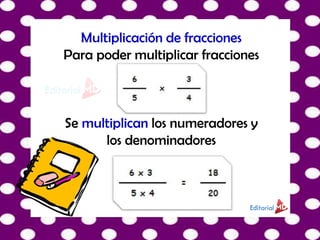 Multiplicación de fracciones
Para poder multiplicar fracciones
Se multiplican los numeradores y
los denominadores
 