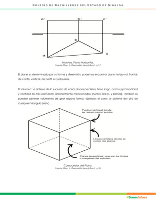 Montea. Plano Horizontal.
Fuente: Díaz, J., Geometría descriptiva 1, p.17
El plano es determinado por su forma y dimensión, podemos encontrar plano horizontal, frontal,
de canto, vertical, de perfil, o cualquiera.
El volumen: se obtiene de la sucesión de varios planos paralelos, tiene largo, ancho y profundidad
y contiene los tres elementos anteriormente mencionados (puntos, líneas, y planos). También se
pueden obtener volúmenes de girar alguna forma, ejemplo: el cono se obtiene del giro de
cualquier triangulo plano.
Compuestos del Plano.
Fuente: Díaz, J., Geometría descriptiva 1, p.18
 