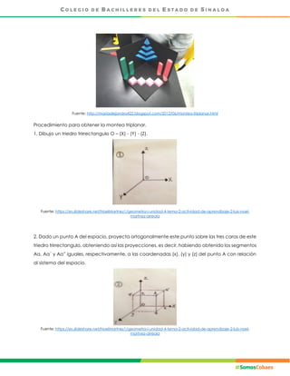 Fuente: http://mariaalejandra422.blogspot.com/2012/06/montea-triplanar.html
Procedimiento para obtener la montea triplanar.
1. Dibuja un triedro trirrectangulo O – (X) - (Y) - (Z).
Fuente: https://es.slideshare.net/NoelMartnez1/geometra-i-unidad-4-tema-2-actividad-de-aprendizaje-2-luis-noel-
martnez-arreola
2. Dado un punto A del espacio, proyecta ortogonalmente este punto sobre las tres caras de este
triedro trirrectangulo, obteniendo así las proyecciones, es decir, habiendo obtenido los segmentos
Aa, Aa´ y Aa” iguales, respectivamente, a las coordenadas (x), (y) y (z) del punto A con relación
al sistema del espacio.
Fuente: https://es.slideshare.net/NoelMartnez1/geometra-i-unidad-4-tema-2-actividad-de-aprendizaje-2-luis-noel-
martnez-arreola
 