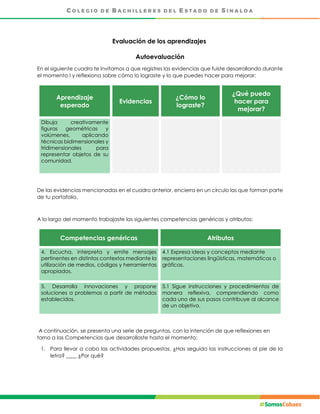 Evaluación de los aprendizajes
Autoevaluación
En el siguiente cuadro te invitamos a que registres las evidencias que fuiste desarrollando durante
el momento I y reflexiona sobre cómo lo lograste y lo que puedes hacer para mejorar:
Aprendizaje
esperado
Evidencias
¿Cómo lo
lograste?
¿Qué puedo
hacer para
mejorar?
Dibuja creativamente
figuras geométricas y
volúmenes, aplicando
técnicas bidimensionales y
tridimensionales para
representar objetos de su
comunidad.
De las evidencias mencionadas en el cuadro anterior, encierra en un círculo las que forman parte
de tu portafolio.
A lo largo del momento trabajaste las siguientes competencias genéricas y atributos:
Competencias genéricas Atributos
4. Escucha, interpreta y emite mensajes
pertinentes en distintos contextos mediante la
utilización de medios, códigos y herramientas
apropiados.
4.1 Expresa ideas y conceptos mediante
representaciones lingüísticas, matemáticas o
gráficas.
5. Desarrolla innovaciones y propone
soluciones a problemas a partir de métodos
establecidos.
5.1 Sigue instrucciones y procedimientos de
manera reflexiva, comprendiendo como
cada uno de sus pasos contribuye al alcance
de un objetivo.
A continuación, se presenta una serie de preguntas, con la intención de que reflexiones en
torno a las Competencias que desarrollaste hasta el momento:
1. Para llevar a cabo las actividades propuestas, ¿Has seguido las instrucciones al pie de la
letra? ____ ¿Por qué?
 