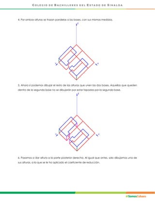 4. Por ambas alturas se trazan paralelas a las bases, con sus mismas medidas.
5. Ahora sí podemos dibujar el resto de las alturas que unen las dos bases. Aquellas que queden
dentro de la segunda base no se dibujarán por estar tapadas por la segunda base.
6. Pasamos a dar altura a la parte posterior derecha. Al igual que antes, solo dibujamos una de
sus alturas, a la que se le ha aplicado el coeficiente de reducción.
 