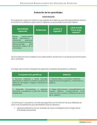 Evaluación de los aprendizajes
Autoevaluación
En el siguiente cuadro te invitamos a que registres las evidencias que fuiste desarrollando durante
el momento II y reflexiona sobre cómo lo lograste y lo que puedes hacer para mejorar:
Aprendizaje
esperado
Evidencias
¿Cómo lo
lograste?
¿Qué puedo
hacer para
mejorar?
Dibuja creativamente
figuras geométricas y
volúmenes, aplicando
técnicas bidimensionales y
tridimensionales para
representar objetos de su
comunidad.
De las evidencias mencionadas en el cuadro anterior, encierra en un círculo las que forman parte
de tu portafolio.
A lo largo del momento trabajaste las siguientes competencias genéricas y atributos:
Competencias genéricas Atributos
4. Escucha, interpreta y emite mensajes
pertinentes en distintos contextos mediante la
utilización de medios, códigos y herramientas
apropiados.
4.1 Expresa ideas y conceptos mediante
representaciones lingüísticas, matemáticas o
gráficas.
5. Desarrolla innovaciones y propone
soluciones a problemas a partir de métodos
establecidos.
5.1 Sigue instrucciones y procedimientos de
manera reflexiva, comprendiendo como
cada uno de sus pasos contribuye al alcance
de un objetivo.
A continuación, se presenta una serie de preguntas, con la intención de que reflexiones en
torno a las Competencias que desarrollaste hasta el momento:
1. ¿Qué procedimientos te han resultado de mayor complejidad para el logro de las
actividades propuestas?
 