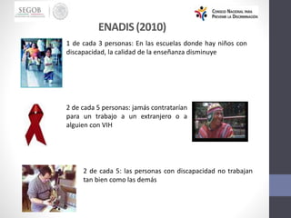 1 de cada 3 personas: En las escuelas donde hay niños con
discapacidad, la calidad de la enseñanza disminuye
2 de cada 5 personas: jamás contratarían
para un trabajo a un extranjero o a
alguien con VIH
2 de cada 5: las personas con discapacidad no trabajan
tan bien como las demás
ENADIS(2010)
 