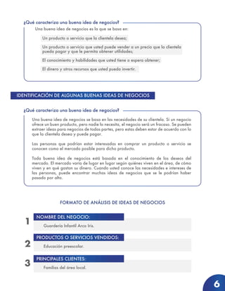 Una buena idea de negocios es la que se basa en:
Un producto o servicio que la clientela desea;
Un producto o servicio que usted puede vender a un precio que la clientela
pueda pagar y que le permita obtener utilidades;
El conocimiento y habilidades que usted tiene o espera obtener;
El dinero y otros recursos que usted pueda invertir.
¿Qué caracteriza una buena idea de negocios?
Una buena idea de negocios se basa en las necesidades de su clientela. Si un negocio
ofrece un buen producto, pero nadie lo necesita, el negocio será un fracaso. Se pueden
extraer ideas para negocios de todas partes, pero estas deben estar de acuerdo con lo
que la clientela desea y puede pagar.
Las personas que podrían estar interesadas en comprar un producto o servicio se
conocen como el mercado posible para dicho producto.
Toda buena idea de negocios está basada en el conocimiento de los deseos del
mercado. El mercado varía de lugar en lugar según quiénes viven en el área, de cómo
viven y en qué gastan su dinero. Cuando usted conoce las necesidades e intereses de
las personas, puede encontrar muchas ideas de negocios que se le podrían haber
pasado por alto.
¿Qué caracteriza una buena idea de negocios?
6
IDENTIFICACIÓN DE ALGUNAS BUENAS IDEAS DE NEGOCIOS
FORMATO DE ANÁLISIS DE IDEAS DE NEGOCIOS
NOMBRE DEL NEGOCIO:
Guardería Infantil Arco Iris.
PRODUCTOS O SERVICIOS VENDIDOS:
Educación preescolar.
PRINCIPALES CLIENTES:
Familias del área local.
1
2
3
 