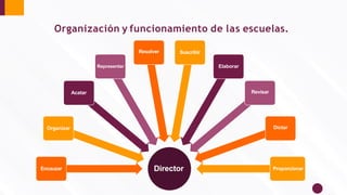 Director
Encauzar
Organizar
Acatar
Representar
Resolver Suscribir
Elaborar
Revisar
Dictar
Proporcionar
Organización y funcionamiento de las escuelas.
 