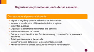Corresponde al personal docente:
• Vigilar la regular y puntual asistencia de los alumnos.
• Inculcar a los alumnos hábitos de disciplina e higiene.
• Cubrir las guardias.
• Organizar la ceremonia de honores a la bandera.
• Mantener sus salas de clases.
• Cuidar la correcta utilización, funcionamiento y conservación de los anexos
escolares.
• Asistir puntualmente a la escuela.
• Conservar dentro del plantel la documentación oﬁcial.
• Abstenerse de dar clases particulares mediante remuneración.
Organización y funcionamiento de las escuelas.
 