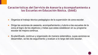 ● Organiza el trabajo técnico pedagógico de la supervisión de zona escolar.
● Dirige las acciones de asesoría, acompañamiento y tutoría a las escuelas de la
zona al logro de los objetivos y metas que estas establecen en su programa
escolar de mejora continua.
● Es planiﬁcado, continuo y organizado de manera sistemática, cuyas acciones se
desarrollan, se les da seguimiento y evalúan a lo largo del ciclo escolar.
Características del Servicio de Asesoría y Acompañamiento a
las Escuelas en Educación Básica. (SAAE)
 