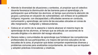 ● Atiende la diversidad de situaciones y contextos, al propiciar que el colectivo
docente favorezca la disminución de las barreras para el aprendizaje y la
participación que enfrentan los alumnos; al tiempo que prioriza la atención de
grupos y personas en situación de vulnerabilidad, con énfasis en la población
indígena; migrante; con discapacidad y diﬁcultades severas en conducta,
comunicación y aprendizaje; así como de las escuelas ubicadas en zonas de
alta marginación, multigrado y telesecundarias.
● Coloca en el centro de la asesoría o tutoría alcanzar el máximo logro de
aprendizaje de los alumnos, al tiempo que se articula con acciones de la
escuela dirigidas a la atención del rezago educativo.
● Genera redes y comunidades de aprendizaje que fortalecen las competencias
profesionales de sus participantes y la mejora del servicio educativo de las
escuelas de la zona, al propiciar que éstas compartan experiencias diversas y
problemas comunes para analizarlos conjuntamente, de modo que se impulsen
y adopten prácticas innovadoras y creativas.
 