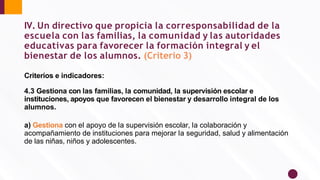IV. Un directivo que propicia la corresponsabilidad de la
escuela con las familias, la comunidad y las autoridades
educativas para favorecer la formación integral y el
bienestar de los alumnos. (Criterio 3)
Criterios e indicadores:
4.3 Gestiona con las familias, la comunidad, la supervisión escolar e
instituciones, apoyos que favorecen el bienestar y desarrollo integral de los
alumnos.
a) Gestiona con el apoyo de la supervisión escolar, la colaboración y
acompañamiento de instituciones para mejorar la seguridad, salud y alimentación
de las niñas, niños y adolescentes.
 