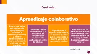 Aprendizaje colaborativo
Ésta es una de las
estrategias más
apropiadas para
promover el
aprendizaje de todos
y atender
adecuadamente la
diversidad presente
en el aula y en la
escuela.
La construcción de
conocimientos y el
desarrollo de
competencias
demandan la
participación activa
del alumno.
El profesor es el
experto en la materia,
es quien se plantea
qué es lo que sabe el
alumno y qué es lo
que requiere saber.
Aprenden unos de
otros no sólo nuevos
conocimientos sino
diferentes formas de
conocer, y también
desarrollan actitudes
y valores.
Banks (1997)
En el aula.
 