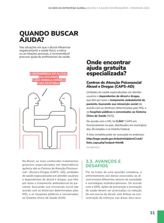 31
No Brasil, os mais conhecidos tratamentos
gratuitos especializados em dependência
química são os Centros de Atenção Psicosso-
cial - Álcool e Drogas (CAPS- AD), unidades
de saúde especializadas em atender usuários
e dependentes de álcool e drogas, que têm
por base o tratamento ambulatorial do pa-
ciente, buscando sua reinserção social (de
acordo com as diretrizes determinadas pelo
MS), e os hospitais públicos e conveniados
ao Sistema Único de Saúde (SUS).
3.3. AVANÇOS E
DESAFIOS
Por se tratar de uma questão complexa, o
enfrentamento aos danos associados ao ál-
cool envolve diferentes setores da sociedade
e estratégias multidisciplinares. De acordo
com a OMS, ações de prevenção e promoção
de saúde devem ser priorizadas na redução
do uso nocivo do álcool, com ênfase na con-
centração de esforços nas áreas-alvo reco-
QUANDO BUSCAR
AJUDA?
Nas situações em que o álcool influenciar
negativamente a saúde física, a rotina
ou as relações pessoais, é recomendável
procurar ajuda de profissionais da saúde.
Onde encontrar
ajuda gratuita
especializada?
Centros de Atenção Psicossocial
Álcool e Drogas (CAPS-AD)
Unidades de saúde especializadas em atender
usuários e dependentes de álcool e drogas,
que têm por base o tratamento ambulatorial do
paciente, buscando sua reinserção social (de
acordo com as diretrizes determinadas pelo MS), e
os hospitais públicos e conveniados ao Sistema
Único de Saúde (SUS).
De acordo com o MS, há 2.341* CAPS em
funcionamento no país, distribuídos em municípios
dos 26 estados e no Distrito Federal.
A lista completa pode ser acessada no endereço:
http://sage.saude.gov.br/paineis/planoCrack/
lista_caps.php?output=html
*Em 20/07/2017.
A DEPENDÊNCIA DO ÁLCOOL
(ALCOOLISMO)
É UMA DOENÇA CRÔNICA
E MULTIFATORIAL
10 ANOS DA ESTRATÉGIA GLOBAL | ÁLCOOL E A SAÚDE DOS BRASILEIROS – PANORAMA 2020
 