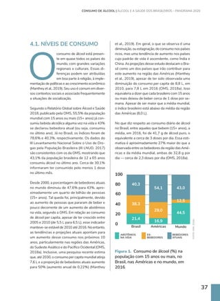 37
4.1. NÍVEIS DE CONSUMO
O
consumo de álcool está presen-
te em quase todos os países do
mundo, com grandes variações
regionais e culturais. Essas di-
ferenças podem ser atribuídas
em boa parte à religião, à imple-
mentação de políticas e ao crescimento econômico
(Manthey et al., 2019). Seu uso é comum em diver-
sos contextos sociais e associado frequentemente
a situações de socialização.
Segundo o Relatório Global sobre Álcool e Saúde
2018, publicado pela OMS, 55,5% da população
mundial com 15 anos ou mais (15+ anos) já con-
sumiu bebida alcoólica alguma vez na vida e 43%
se declarou bebedora atual (ou seja, consumiu
no último ano). Já no Brasil, os índices foram de
78,6% e 40,3%, respectivamente. Os dados do
III Levantamento Nacional Sobre o Uso de Dro-
gas pela População Brasileira (III LNUD, 2017)
são consistentes com os da OMS, mostrando que
43,1% da população brasileira de 12 a 65 anos
consumiu álcool no último ano. Cerca de 30,1%
informaram ter consumido pelo menos 1 dose
no último mês.
Desde 2000, a porcentagem de bebedores atuais
no mundo diminuiu de 47,6% para 43%, apro-
ximadamente um quarto de bilhão de pessoas
(15+ anos). Tal queda foi, principalmente, devido
ao aumento de pessoas que pararam de beber e
pouco decorrente de um aumento de abstêmios
na vida, segundo a OMS. Em relação ao consumo
de álcool per capita, apesar de ter crescido entre
2005 e 2010 (de 5,5 L para 6,5 L), esse indicador
manteve-se estável de 2010 até 2016. No entanto,
as tendências e projeções atuais apontam para
um aumento desse consumo nos próximos 10
anos, particularmente nas regiões das Américas,
do Sudeste Asiático e do Pacífico Ocidental (OMS,
2018a). Inclusive, uma pesquisa recente estima
que, até 2030, o consumo per capita mundial atinja
7,6 L e a proporção de bebedores atuais aumente
para 50% (aumento anual de 0,22%) (Manthey
CONSUMO DE ÁLCOOL | ÁLCOOL E A SAÚDE DOS BRASILEIROS – PANORAMA 2020
et al., 2019). Em geral, o que se observa é uma
diminuição, ou estagnação, do consumo nos países
ricos, mas uma tendência de aumento nos países
cujo padrão de vida é ascendente, como Índia e
China. As projeções desse estudo destacam o Bra-
sil como um dos países que irão contribuir para
este aumento na região das Américas (Manthey
et al., 2019), apesar de ter sido observada uma
diminuição do consumo per capita de 8,8 L, em
2010, para 7,8 L em 2016 (OMS, 2018a). Isso
equivaleria a dizer que cada brasileiro com 15 anos
ou mais deixou de beber cerca de 1 dose por se-
mana. Apesar de ser maior que a média mundial,
o índice brasileiro está abaixo da média da região
das Américas (8,0 L).
No que diz respeito ao consumo diário de álcool
no Brasil, entre aqueles que bebem (15+ anos), a
média, em 2016, foi de 41,7 g de álcool puro, o
equivalente a cerca de 3 doses por dia. Essa esti-
mativa é aproximadamente 27% maior do que a
observada entre os bebedores da região das Amé-
ricas e da média mundial, ambas de 32,8 g por
dia — cerca de 2,3 doses por dia (OMS, 2018a).
21,4
38,3
40,3
54,1
44,5
12,5
43,0
16,9
29,0
Brasil
ABSTÊMIOS
NA VIDA
Américas
EX-
BEBEDORES
Mundo
BEBEDORES
ATUAIS
100
0
40
20
80
60 FONTE:
OMS,
2018a.
Figura 1. Consumo de álcool (%) na
população com 15 anos ou mais, no
Brasil, nas Américas e no mundo, em
2016.
 