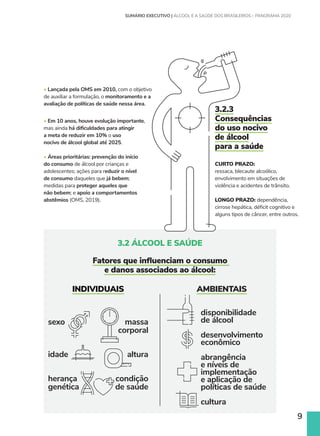 9
SUMÁRIO EXECUTIVO | ÁLCOOL E A SAÚDE DOS BRASILEIROS – PANORAMA 2020
AMBIENTAIS
disponibilidade
de álcool
desenvolvimento
econômico
abrangência
e níveis de
implementação
e aplicação de
políticas de saúde
cultura
• Lançada pela OMS em 2010, com o objetivo
de auxiliar a formulação, o monitoramento e a
avaliação de políticas de saúde nessa área.
• Em 10 anos, houve evolução importante,
mas ainda há dificuldades para atingir
a meta de reduzir em 10% o uso
nocivo de álcool global até 2025.
• Áreas prioritárias: prevenção do início
do consumo de álcool por crianças e
adolescentes; ações para reduzir o nível
de consumo daqueles que já bebem;
medidas para proteger aqueles que
não bebem; e apoio a comportamentos
abstêmios (OMS, 2019).
INDIVIDUAIS
sexo
idade
herança
genética
massa
corporal
altura
condição
de saúde
3.2.3
Consequências
do uso nocivo
de álcool
para a saúde
CURTO PRAZO:
ressaca, blecaute alcoólico,
envolvimento em situações de
violência e acidentes de trânsito.
LONGO PRAZO: dependência,
cirrose hepática, déficit cognitivo e
alguns tipos de câncer, entre outros.
3.2 ÁLCOOL E SAÚDE
Fatores que influenciam o consumo
e danos associados ao álcool:
 