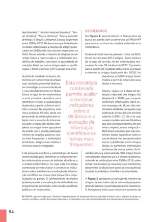 94
Esta estratégia
combinada
permite avaliar
e construir
indicadores
sobre a
dinâmica e a
evolução da
informação
científica e os
temas mais
frequentes.
ted disorders”, “alcohol-induced disorders”, “bin-
ge drinking”, “heavy drinking”, “heavy episodic
drinking”, e “Brazil”. Limitamos a busca ao período
entre 1990 e 2018. Na época em que foi realizada,
os dados relacionados a citações de artigos publi-
cados em 2019 ainda não estavam disponíveis na
WoS. Nesse sentido, o número de citações de um
artigo indica a repercussão e a visibilidade aca-
dêmica do trabalho, com base na quantidade de
menções feitas por outros artigos após sua publi-
cação, e tende a crescer com o passar dos anos.
A partir do resultado da busca, ob-
tivemos um número total de artigos
cujo conteúdo potencial dedicou-
se a investigar o consumo de álcool
e seus desdobramentos no Brasil.
Esses artigos foram submetidos
a uma primeira varredura para
identificar e retirar as publicações
duplicadas a partir da leitura do tí-
tulo e resumo. Na sequência, uma
nova avaliação foi feita, desta vez
procurando as publicações sem re-
lação com o assunto de interesse.
Durante a leitura dos textos com-
pletos, os artigos foram agrupados
de acordo com o ano de publicação,
número de citações, palavras-cha-
ve mais frequentes, e instituições
produtivas, artigos mais citados e
os temas mais investigados.
Esta pesquisa combina a metodologia de busca
sistematizada, para identificar os artigos relevan-
tes relacionados ao uso de bebidas alcoólicas, e
a análise bibliométrica. Ou seja, esta estratégia
combinada permite avaliar e construir os indica-
dores sobre a dinâmica e a evolução da informa-
ção científica, os temas mais frequentes, orga-
nizações ou países. O conhecimento resultante
poderia permitir a visualização da efetividade dos
programas de prevenção, intervenção e políticas
públicas em nosso meio.
RESULTADOS
Na Figura 1, apresentamos o fluxograma da
busca de acordo com as diretrizes do PRISMA5
para relatar os itens de revisões sistemáticas e
metanálises.
Na busca inicial, com as palavras-chave na WoS,
foram encontrados 6013 artigos. Após a leitura
de artigos de revisão, foram encontrados ma-
nualmente mais 59, totalizando 6072. O primeiro
passo a partir do resultado da busca foi averiguar
e eliminar os artigos duplicados (k= 1003). Na
sequência, os 5069 artigos foram
triados a partir da leitura dos seus
títulos e resumos.
Depois, seguiu-se à etapa de de-
tecção e descarte dos artigos não
elegíveis (k = 3506), que, no geral,
continham informações sobre ou-
tros empregos do álcool, não rela-
cionados a bebidas, ou aqueles cuja
publicação estava fora do período
coberto (1990—2018) e os que
usavammodelosanimais.Naleitura
dos 1563 artigos restantes, em seu
texto completo, outros artigos (k =
603) foram excluídos, pois não con-
tinham dados específicos sobre o
uso do álcool, mas versavam sobre
outras substâncias como drogas
ilícitas, ou continham informações
exclusivas de outros países. Ao fi-
nal dessa busca sistematizada, 960 artigos foram
considerados elegíveis para a síntese qualitativa,
cobrindo as publicações entre 1990 e 2018, sobre
temas relacionados ao consumo e aos transtornos
decorrentes do álcool, bem como as consequências
à saúde do indivíduo, à família e à comunidade.
A Figura 2 apresenta a evolução do número de
artigos por ano; todos são de autoria de pesquisa-
dores brasileiros ou participação como coautores.
O histograma indica que houve um aumento de
5. PRISMA, sigla em inglês para “Preferred Reporting Items for Systematic Review and Meta-Analysis”, tem o objetivo de ajudar os
autores a melhorar o relato de revisões sistemáticas e metanálises, por meio da sistematização dos passos básicos desse processo.
 