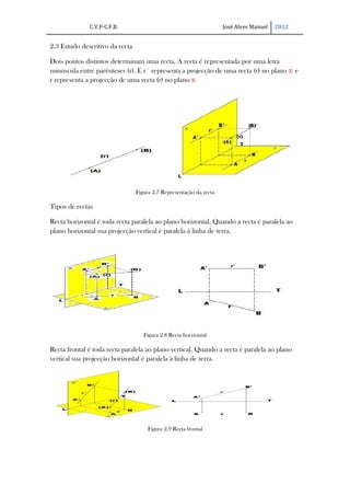 C.V.F-C.F.B.                                           José Alves Manuel   2012


2.3 Estudo descritivo da recta

Dois pontos distintos determinam uma recta. A recta é representada por uma letra
minúscula entre parênteses (r). E r´ representa a projecção de uma recta (r) no plano π1 e
r representa a projecção de uma recta (r) no plano π.




                                 Figura 2.7 Representação da recta

Tipos de rectas

Recta horizontal é toda recta paralela ao plano horizontal. Quando a recta é paralela ao
plano horizontal sua projecção vertical é paralela à linha de terra.




                                    Figura 2.8 Recta horizontal

Recta frontal é toda recta paralela ao plano vertical. Quando a recta é paralela ao plano
vertical sua projecção horizontal é paralela à linha de terra.




                                      Figura 2.9 Recta frontal
 