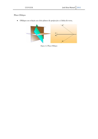 C.V.F-C.F.B.                                    José Alves Manuel   2012



Plano Oblíquo

   ·   Oblíquo em relação aos dois planos de projecção e à linha de terra.




                                 Figura 4.5 Plano Oblíquo
 
