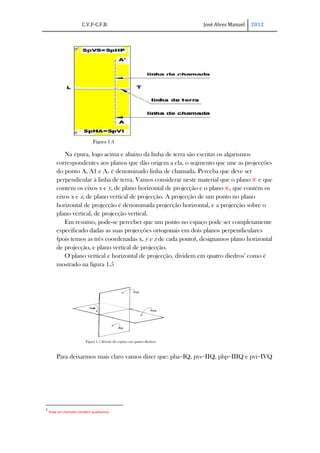 C.V.F-C.F.B.                                       José Alves Manuel   2012




                            Figura 1.4

           Na épura, logo acima e abaixo da linha de terra são escritas os algarismos
        correspondentes aos planos que dão origem a ela, o segmento que une as projecções
        do ponto A, A1 e A2, é denominado linha de chamada. Perceba que deve ser
        perpendicular à linha de terra. Vamos considerar neste material que o plano π1 e que
        contém os eixos x e y, de plano horizontal de projecção e o plano π2, que contém os
        eixos x e z, de plano vertical de projecção. A projecção de um ponto no plano
        horizontal de projecção é denominada projecção horizontal, e a projecção sobre o
        plano vertical, de projecção vertical.
           Em resumo, pode-se perceber que um ponto no espaço pode ser completamente
        especificado dadas as suas projecções ortogonais em dois planos perpendiculares
        (pois temos as três coordenadas x, y e z de cada ponto), designamos plano horizontal
        de projecção, e plano vertical de projecção.
           O plano vertical e horizontal de projecção, dividem em quatro diedros2 como é
        mostrado na figura 1.5




                        Figura 1.5 divisão do espaço em quatro diedros



        Para deixarmos mais claro vamos dizer que: pha=IQ, pvs=IIQ, php=IIIQ e pvi=IVQ




2
    Pode ser chamado também quadrantes
 