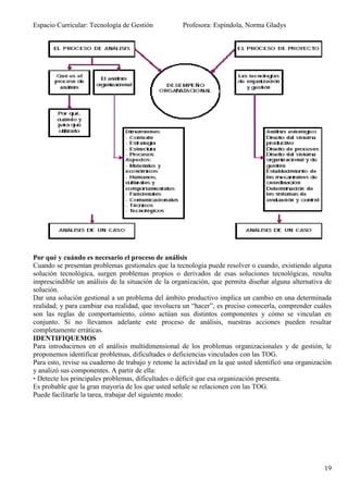 Espacio Curricular: Tecnología de Gestión            Profesora: Espíndola, Norma Gladys




Por qué y cuándo es necesario el proceso de análisis
Cuando se presentan problemas gestionales que la tecnología puede resolver o cuando, existiendo alguna
solución tecnológica, surgen problemas propios o derivados de esas soluciones tecnológicas, resulta
imprescindible un análisis de la situación de la organización, que permita diseñar alguna alternativa de
solución.
Dar una solución gestional a un problema del ámbito productivo implica un cambio en una determinada
realidad; y para cambiar esa realidad, que involucra un “hacer”, es preciso conocerla, comprender cuáles
son las reglas de comportamiento, cómo actúan sus distintos componentes y cómo se vinculan en
conjunto. Si no llevamos adelante este proceso de análisis, nuestras acciones pueden resultar
completamente erráticas.
IDENTIFIQUEMOS
Para introducirnos en el análisis multidimensional de los problemas organizacionales y de gestión, le
proponemos identificar problemas, dificultades o deficiencias vinculados con las TOG.
Para esto, revise su cuaderno de trabajo y retome la actividad en la que usted identificó una organización
y analizó sus componentes. A partir de ella:
• Detecte los principales problemas, dificultades o déficit que esa organización presenta.
Es probable que la gran mayoría de los que usted señale se relacionen con las TOG.
Puede facilitarle la tarea, trabajar del siguiente modo:




                                                                                                       19
 