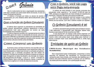 é                                                      Com o Grêmio, você não paga
     O    q ue           Grêmio                                       mico Paga meia-entrada
       Ele é o instrumento de luta e organização dos estudantes           A carteira de meia entrada é uma grande conquista dos
 mais ágil e simples que pode existir dentro da escola, é como se   estudantes; onde, segundo a ´´lei número 12.355 de maio de
 fosse o sindicato dos alunos.                                      1990, assegura ao pagamento de meia entrada em espetáculos
       O Grêmio é formado por todos os alunos da escola e           esportivos, culturais e de lazer e de outras providências.
 representado por uma diretoria eleita democraticamente pelos             Com o Grêmio estudantil você tem acesso a sua carteira
 estudantes.                                                        estudantil com mais facilidade, pois ela é feita e entregue no
                                                                    Grêmio de sua escola. Com isso o Grêmio recebe um repasse,
 Qual a função do Grêmio Estudantil
       O Grêmio deve organizar os estudantes em atividades de
                                                                         O Grêmio Estudantil é lei
caráter cultural, educacionais, politicos, desportivos e social e          O Grêmio estudantil está garantido pela lei federal número
principalmente lutar pela adequação do ensino as reais              7.398 elaborada e apresentada pelo deputado federal Aldo
necessidades da juventude e do povo.                                Arantes e aprovada em 04 de novembro de 1085
       O Grêmio organiza reuniões com representantes de salas e            .A sua escola tem um espaço onde possa organizar um
assembléia geral com todos os estudantes da escola, para ouvi-      campeonato de futebol, um concurso de música, uma palestra ou
los e assim defender os interesses coletivo dos estudantes.Com o    mesmo onde você possa expor suas idéias para melhorar a
Grêmio torna-se mais fácil organizar torneios entre escolas, além   escola e tambem fazer suas reclamações?Pois é, então faça
das amostras culturais e tantas outras atividades.                  valer essa lei.

 Como Construi um Grêmio                                               Entidades de apoio ao Grêmio
      A primeira coisa a se fazer é chamar uma reuinião com um
                                                                     UMES-União           Municipal         dos     Estudantes
ou mais de um aluno, representando suas respectivas salas. Os
mais interessados e disponíveis formam a comissão pró-grêmio.        Secundaristas.
(Lembrando que a comissão pró-grêmio não tem limites de
pessoas). A função da comissão pró-grêmio é passar em todas as           Ela é responsável pelas mobilizações, campanhas e outros
salas divulgando as datas da eleição e da inscrição de chapas,       assuntos de interesse dos estudantes no município-como
não esquecendo de divulgar ´´o que é´´e ´´qual é´´ a função do       campanha pela meia entrada, por exemplo são batalhas que o
Grêmio.Depois, fazer uma bela campanha, ajudar a resolver os         Grêmio não pode enfrentar sozinho, é preciso unir os Grêmios
problemas e a agilizar um monte de coisa boa na escola.              da cidade para levar adiante, com a participação de todos.
 