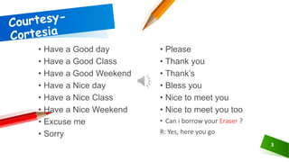 3
• Have a Good day
• Have a Good Class
• Have a Good Weekend
• Have a Nice day
• Have a Nice Class
• Have a Nice Weekend
• Excuse me
• Sorry
• Please
• Thank you
• Thank’s
• Bless you
• Nice to meet you
• Nice to meet you too
• Can i borrow your Eraser ?
R: Yes, here you go
 