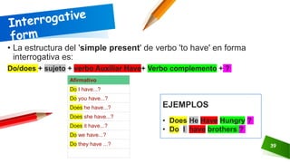 39
• La estructura del 'simple present' de verbo 'to have' en forma
interrogativa es:
Do/does + sujeto + verbo Auxiliar Have+ Verbo complemento + ?
Afirmativo
Do I have...?
Do you have...?
Does he have...?
Does she have...?
Does it have...?
Do we have...?
Do they have ...?
EJEMPLOS
• Does He Have Hungry ?
• Do I have brothers ?
 