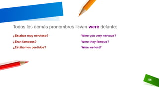 56
Todos los demás pronombres llevan were delante:
¿Estabas muy nervioso? Were you very nervous?
¿Eran famosos? Were they famous?
¿Estábamos perdidos? Were we lost?
 