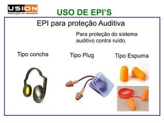 Para proteção do sistema
auditivo contra ruído.
Tipo concha
EPI para proteção Auditiva
Tipo Plug
USO DE EPI’S
Tipo Espuma
 