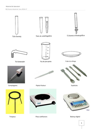 1
Material de laboratori
INS Escola Industrial. Curs 2016-17
Comptagotes Pipeta Pasteur Espàtules
Trespeus Placa calefactora Balança digital
 