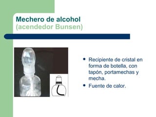 Mechero de alcohol
(acendedor Bunsen)





Recipiente de cristal en
forma de botella, con
tapón, portamechas y
mecha.
Fuente de calor.

 